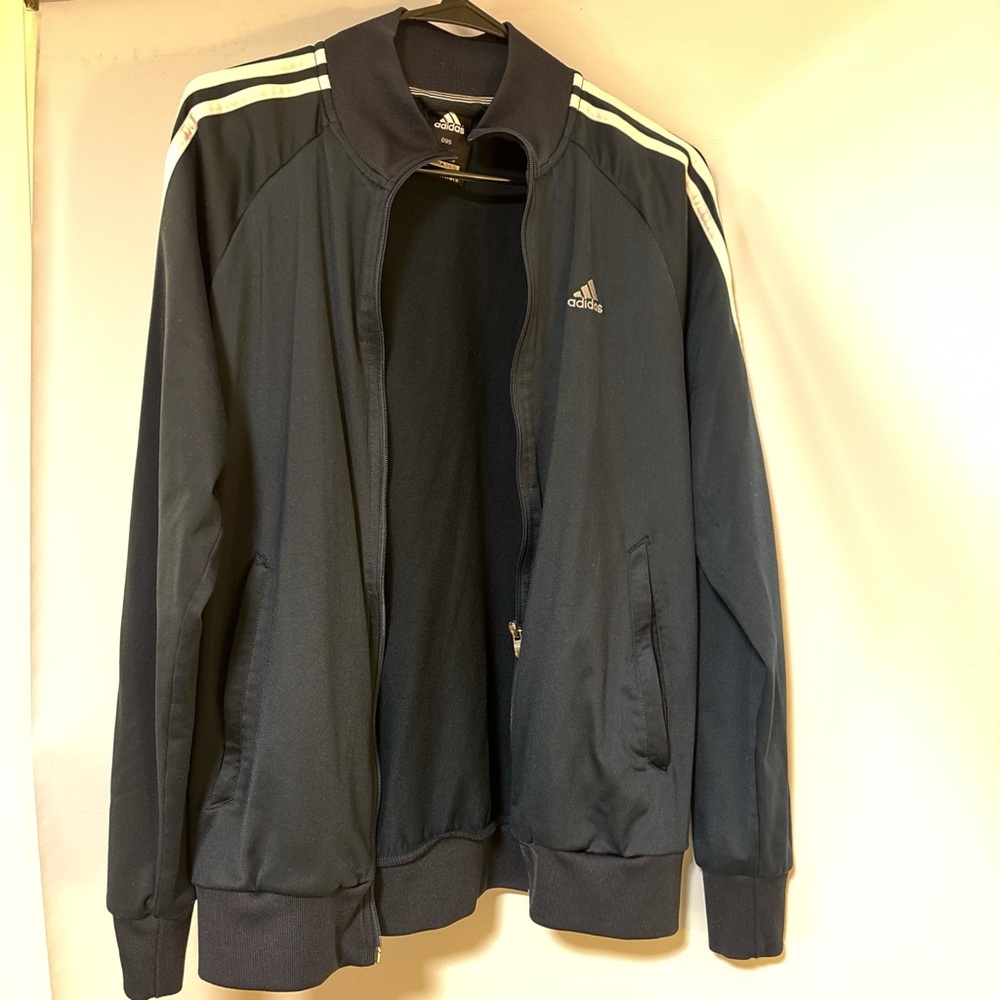 Adidas Men's Dark Blue Windbreaker with White Stripes